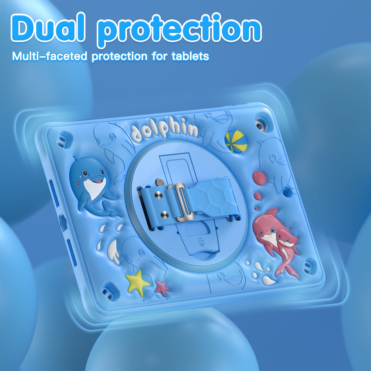 Bubble 3D Dolphin Stand Hand Strap iPad 8 Case Kids Safety