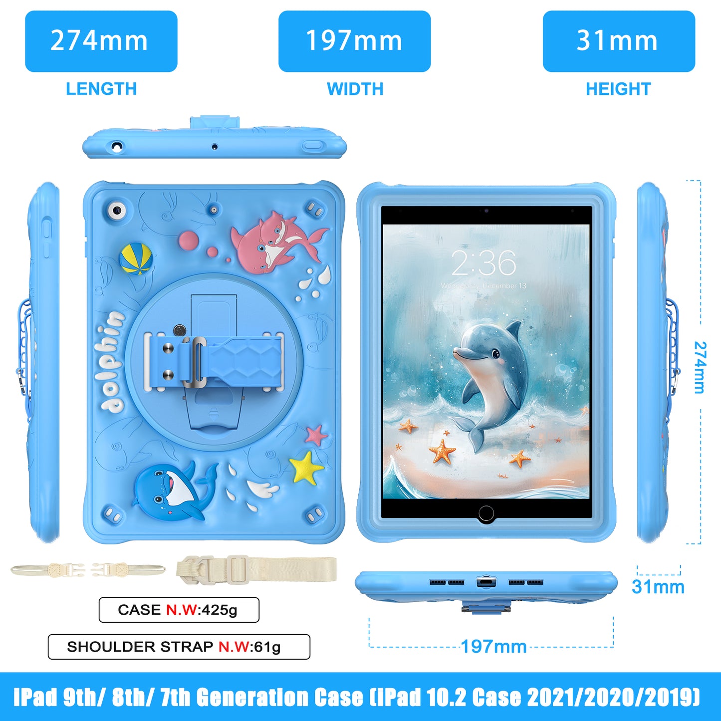 Bubble 3D Dolphin Stand Hand Strap iPad 8 Case Kids Safety