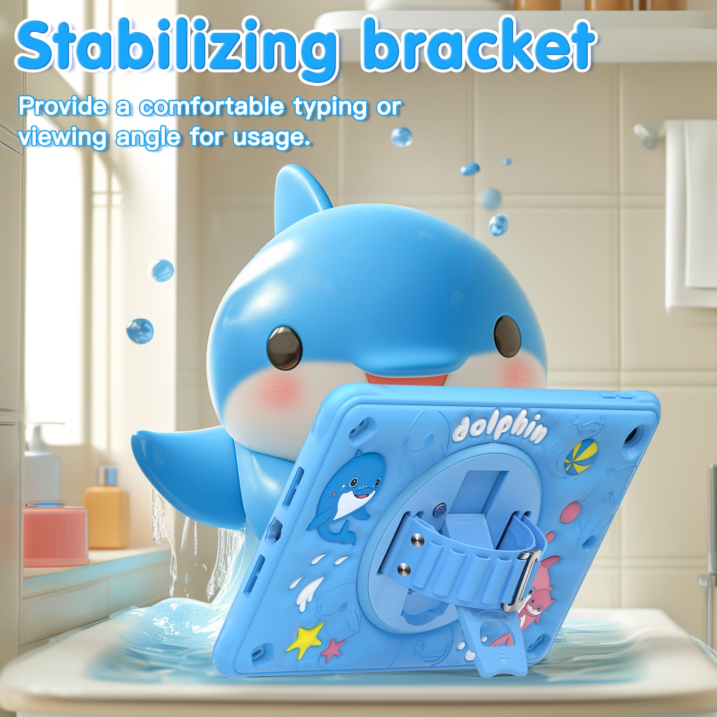 Bubble 3D Dolphin Stand Hand Strap iPad 8 Case Kids Safety