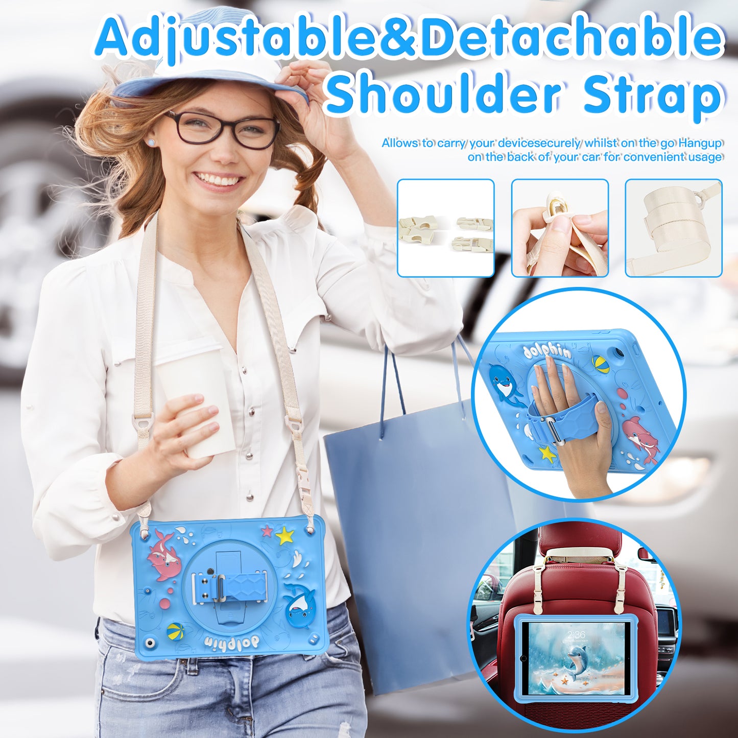 Bubble 3D Dolphin Stand Hand Strap iPad 8 Case Kids Safety