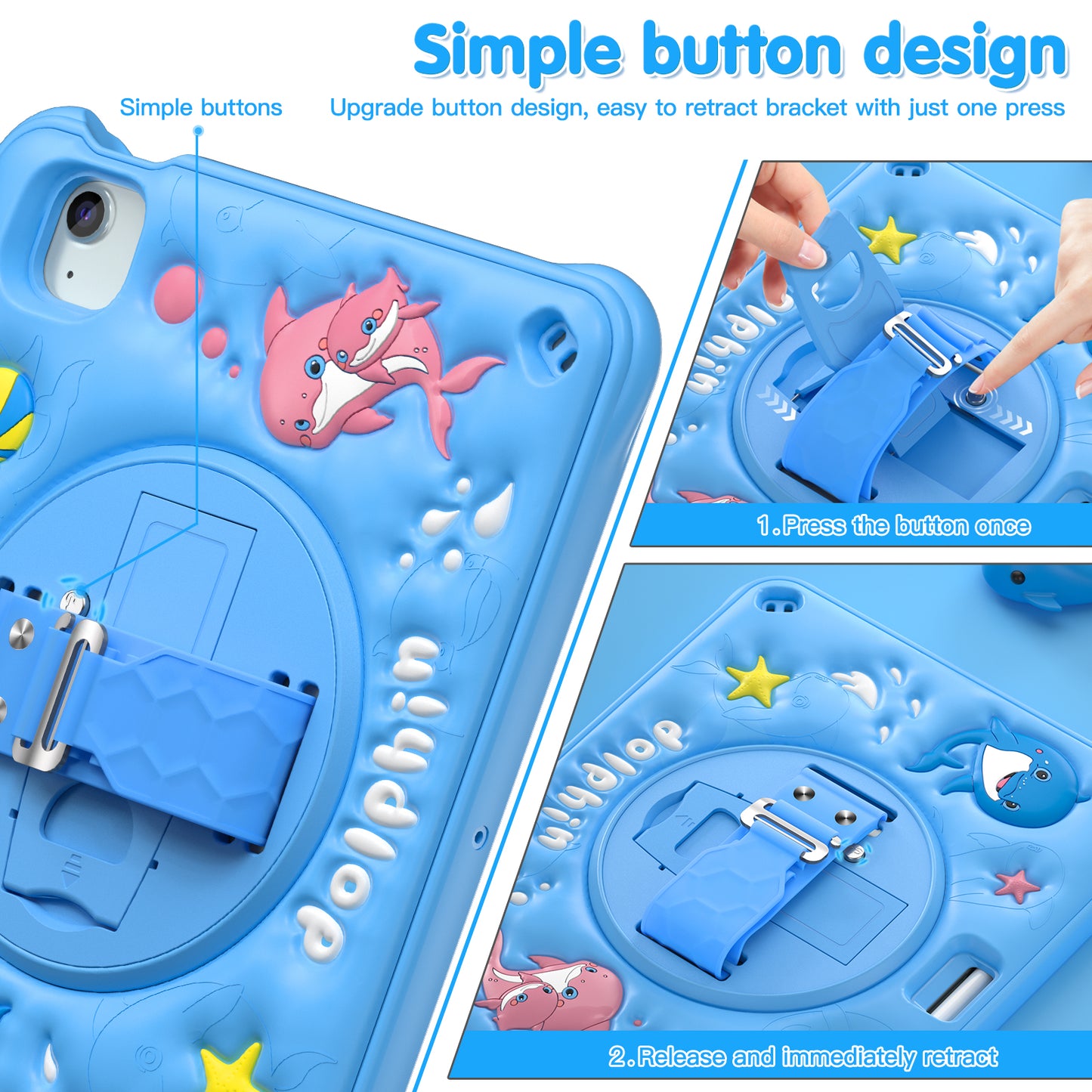 Bubble 3D Dolphin Stand Hand Strap iPad Air 5 Case Kids Safety