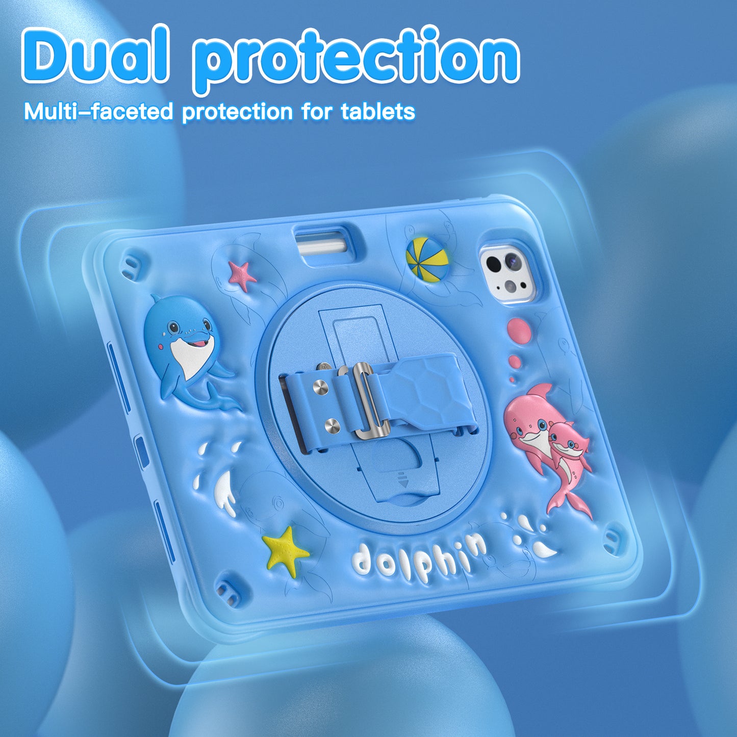 Bubble 3D Dolphin Stand Hand Strap iPad Pro 11 2024 Case Kids Safety