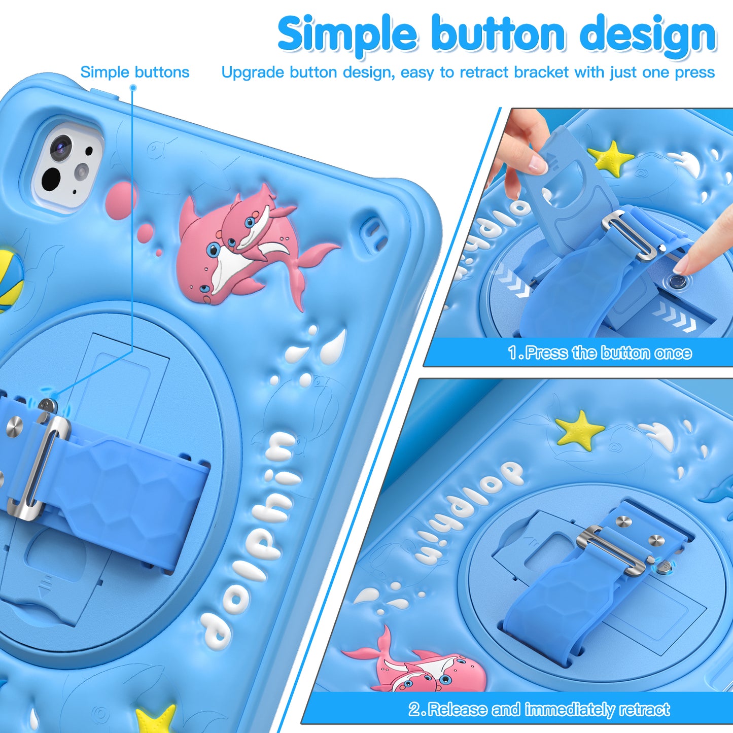 Bubble 3D Dolphin Stand Hand Strap iPad Pro 11 2024 Case Kids Safety