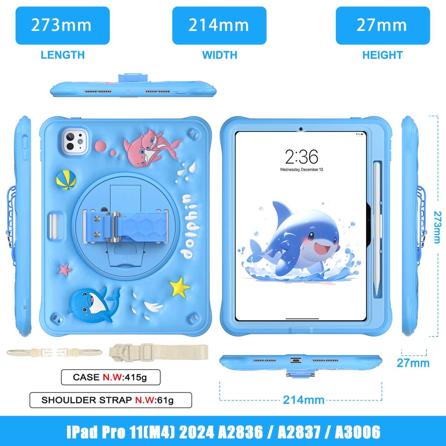 Bubble 3D Dolphin Stand Hand Strap iPad Pro 11 2024 Case Kids Safety