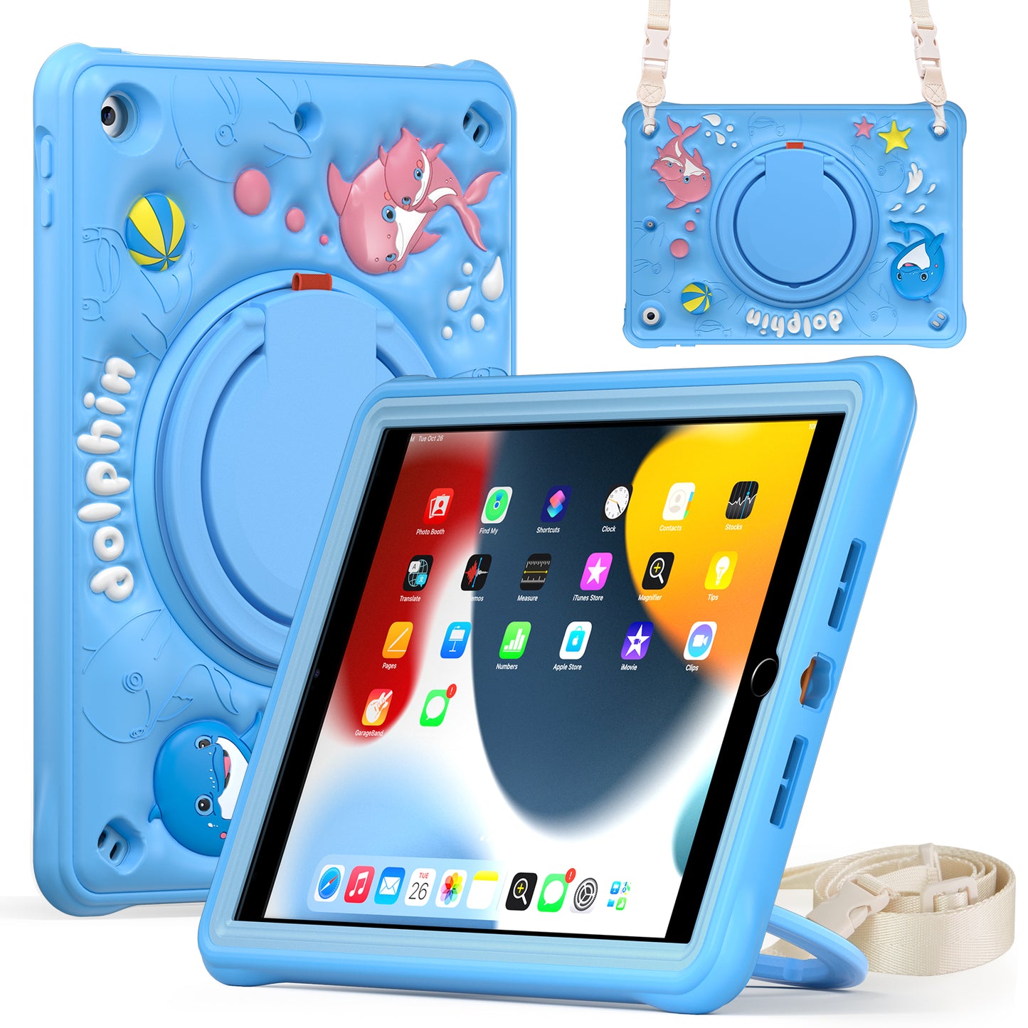 Bubble 3D Dolphin Hook Kickstand iPad 8 Case Kids Safety