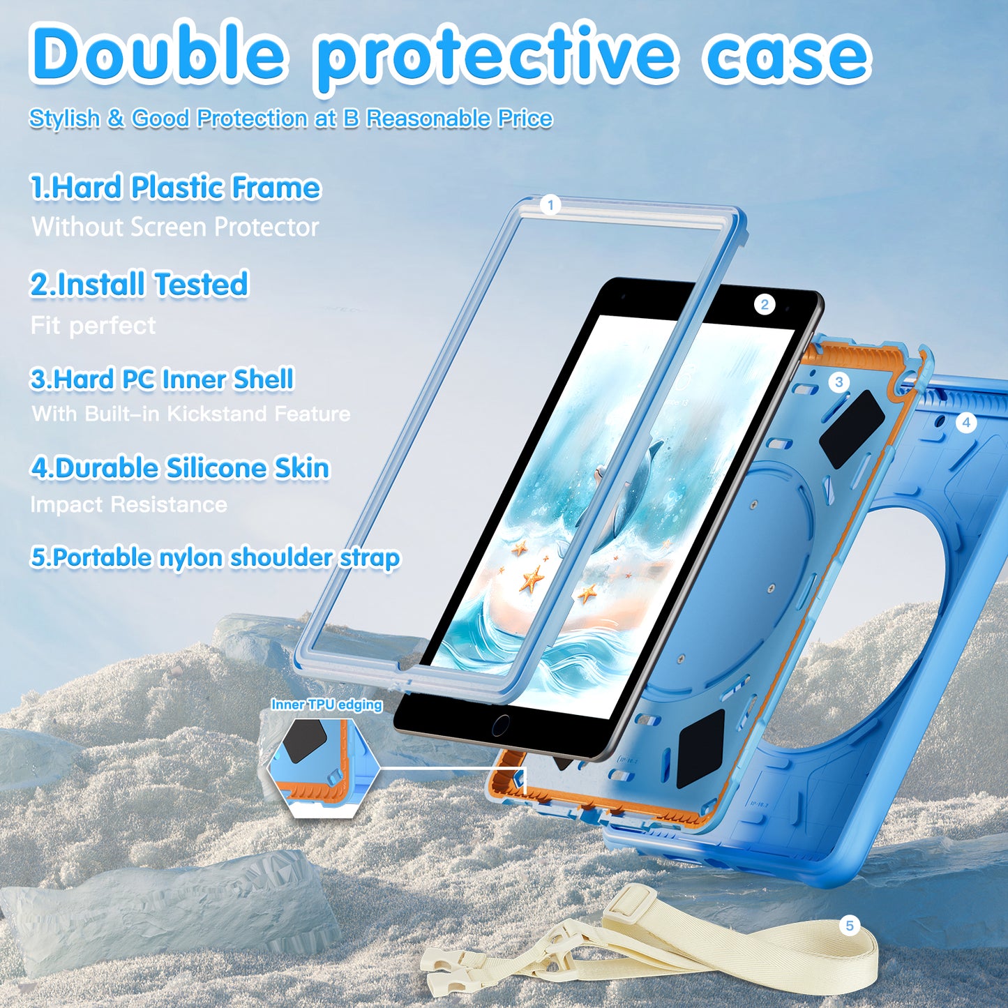 Bubble 3D Dolphin Hook Kickstand iPad 8 Case Kids Safety