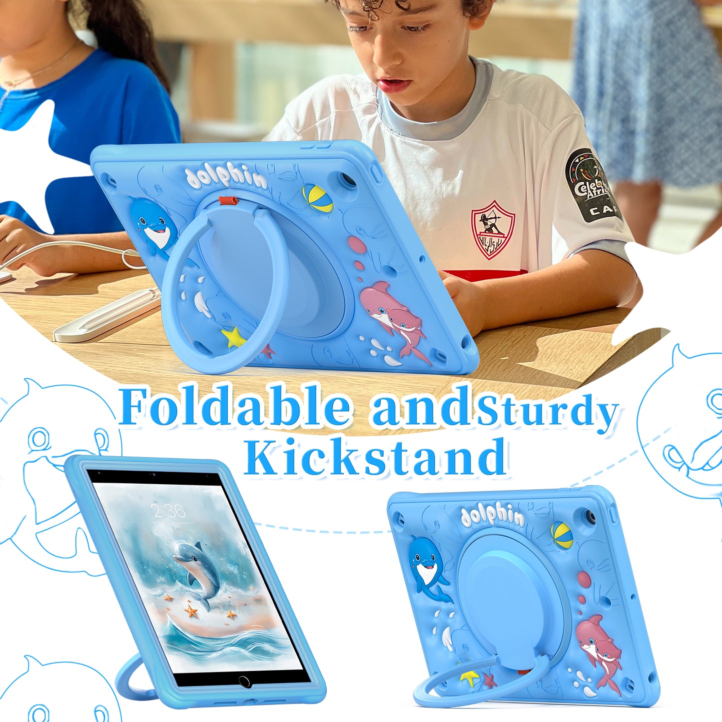 Bubble 3D Dolphin Hook Kickstand iPad 8 Case Kids Safety