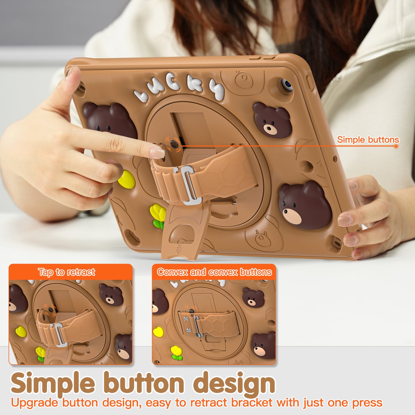 Bubble 3D Bear Stand Hand Strap iPad 9 Case Kids Safety