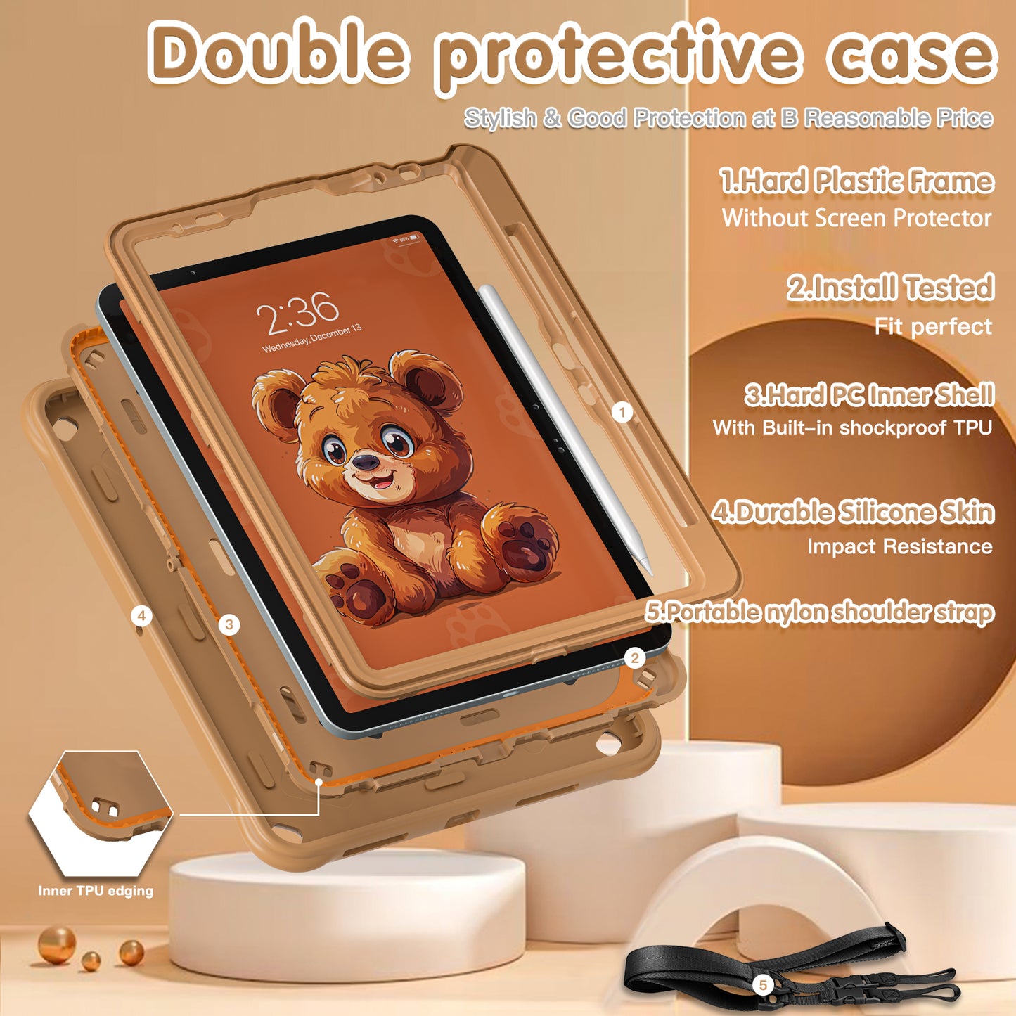 Bubble 3D Bear Stand Hand Strap iPad Air 5 Case Kids Safety