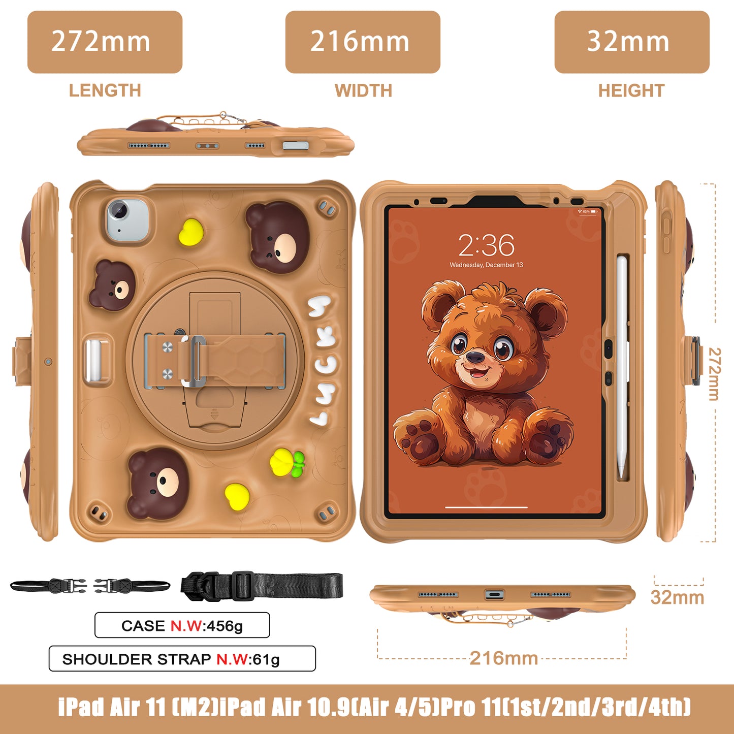 Bubble 3D Bear Stand Hand Strap iPad Air 5 Case Kids Safety