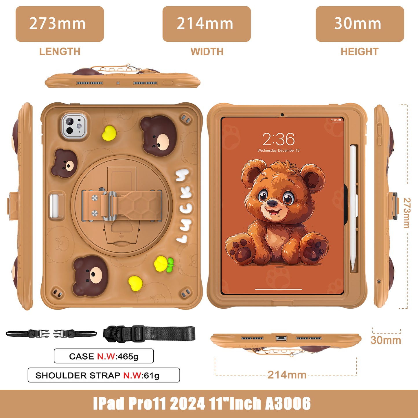 Bubble 3D Bear Stand Hand Strap iPad Pro 11 2024 Case Kids Safety