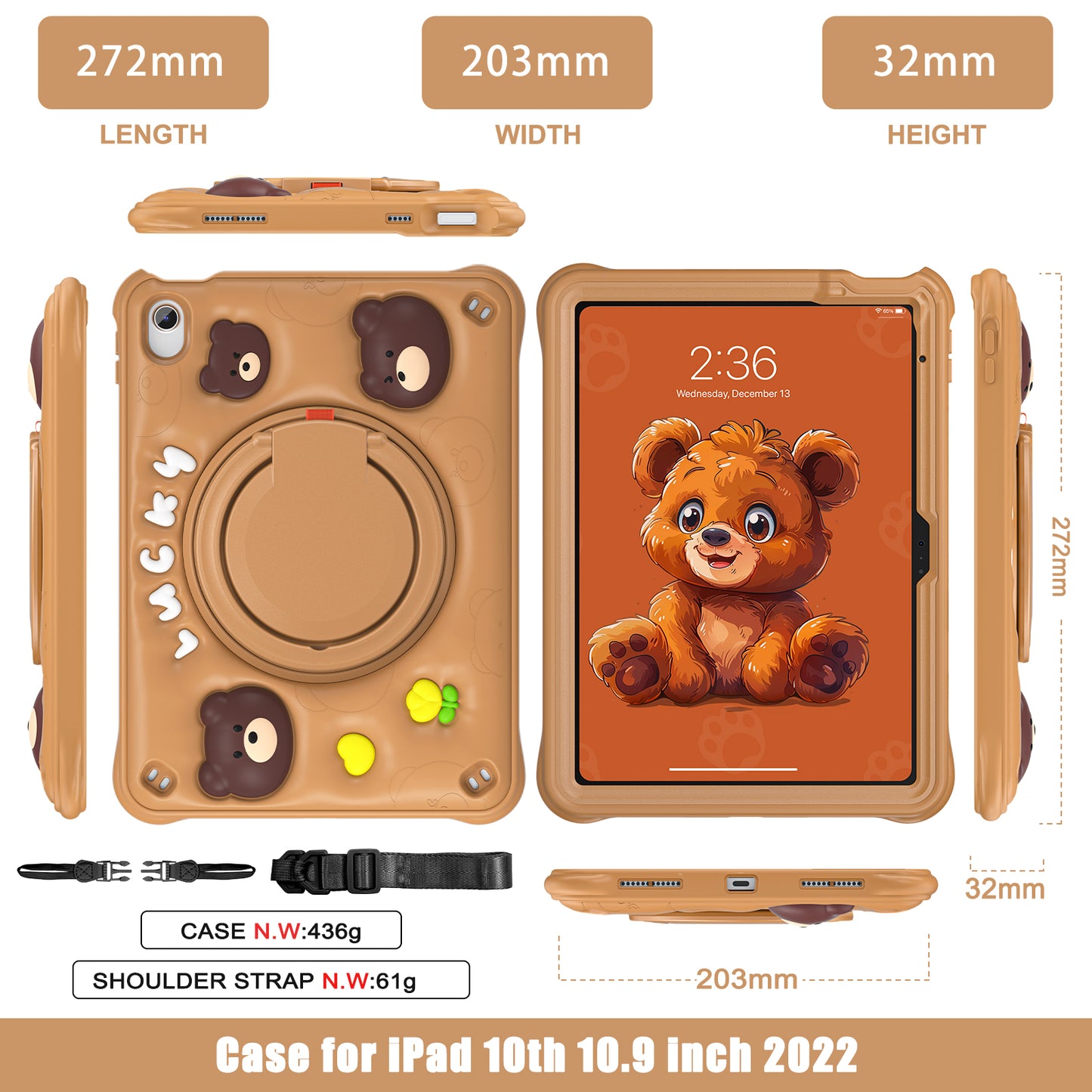 Bubble 3D Bear Hook Kickstand iPad 10 Case Kids Safety