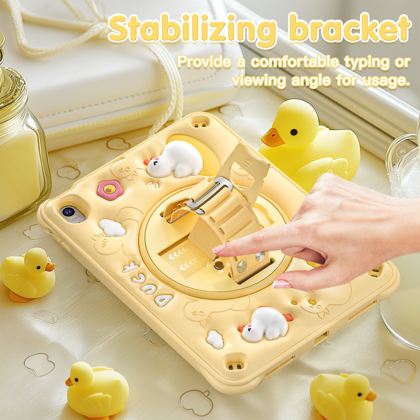 Bubble 3D Duck Stand Hand Strap iPad 8 Case Kids Safety