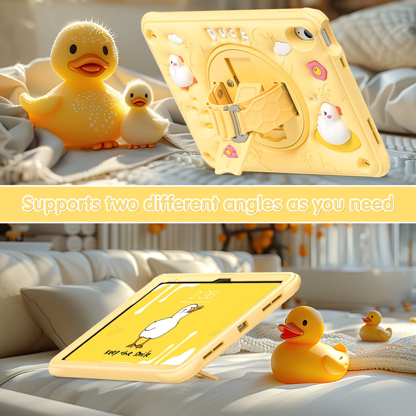 Bubble 3D Duck Stand Hand Strap iPad 8 Case Kids Safety