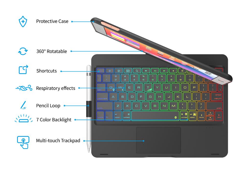 Rotating Hinge PC Backlit Touchpad Keyboard iPad 7 Case