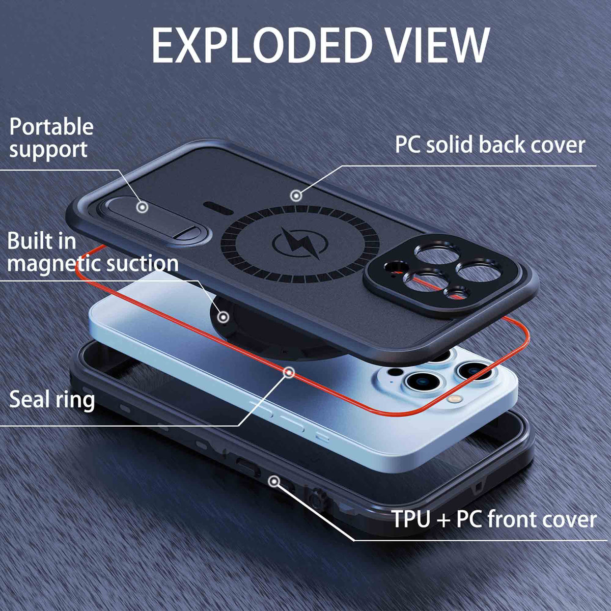 Ultramarine Technology with Rugged IP68 Waterproof MagSafe Phone Case with Kickstand