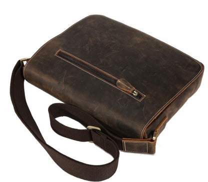 Men's Genuine Leather Messenger Bag Tablet Retro Slim Zipper Casual