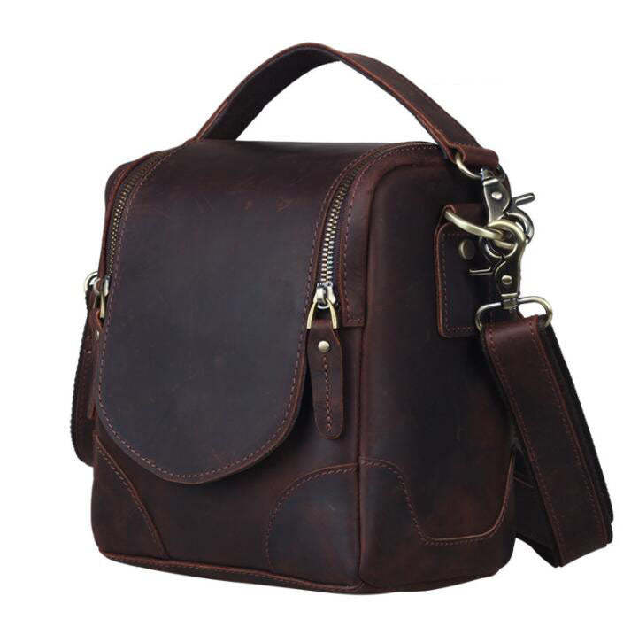 Men's Genuine Leather Camera Bag Retro Personality Zipper