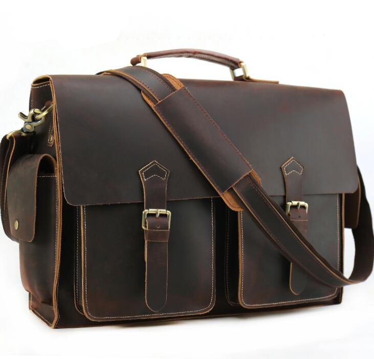 Men's Genuine Leather Briefcase Laptop Bag Shoulder Strap Enlarged