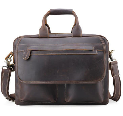 Men's Genuine Leather Briefcase Laptop Bag Double Zipper Large Capacity Casual