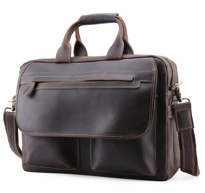 Men's Genuine Leather Briefcase Laptop Bag Double Zipper Large Capacity Casual