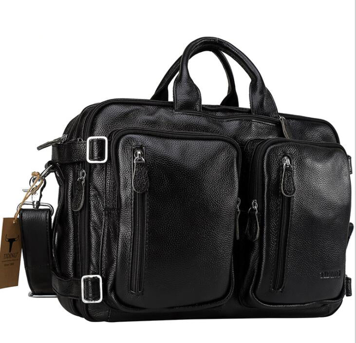 Men's Genuine Leather Briefcase Laptop Bag Multi-function Multi-purpose Diagonal Dual Backpack