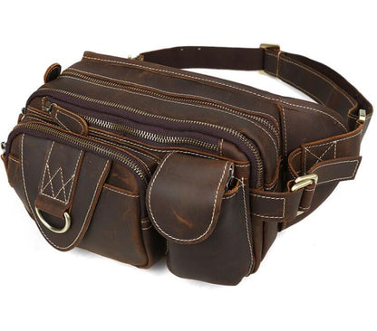 Men's Genuine Leather Fanny Pack Waist Bag Tablet Belt Outdoor Muilti Pockets Sports