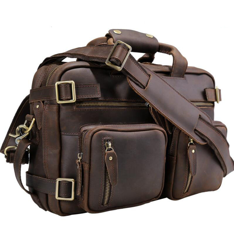 Men's Genuine Leather Briefcase Laptop Bag Multifunctional Retro Dual Backpack