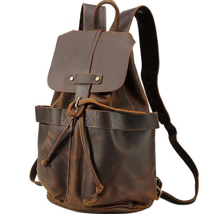 Men's Genuine Leather Backpack Laptop Bag Retro Recreational Locomotive Student