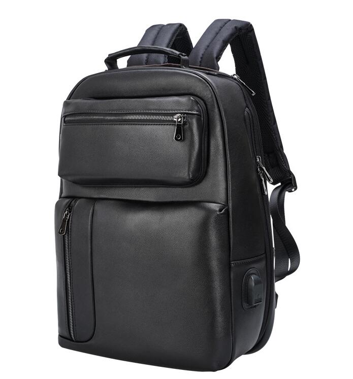 Men's Genuine Leather Backpack Laptop Bag USB Chaging Travel Large Capacity