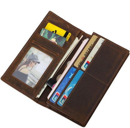 Men's Genuine Leather Wallet Money Clip Retro Long Business Picture Frame