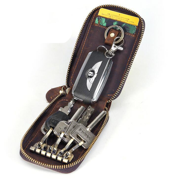 Men's Genuine Leather Keychain Large Capacity Retro Zipper