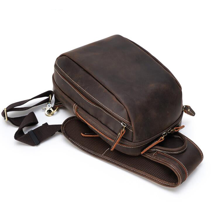 Men's Genuine Leather Fanny Pack Chest Bag Tablet Retro USB Charging Sports Dry Wet