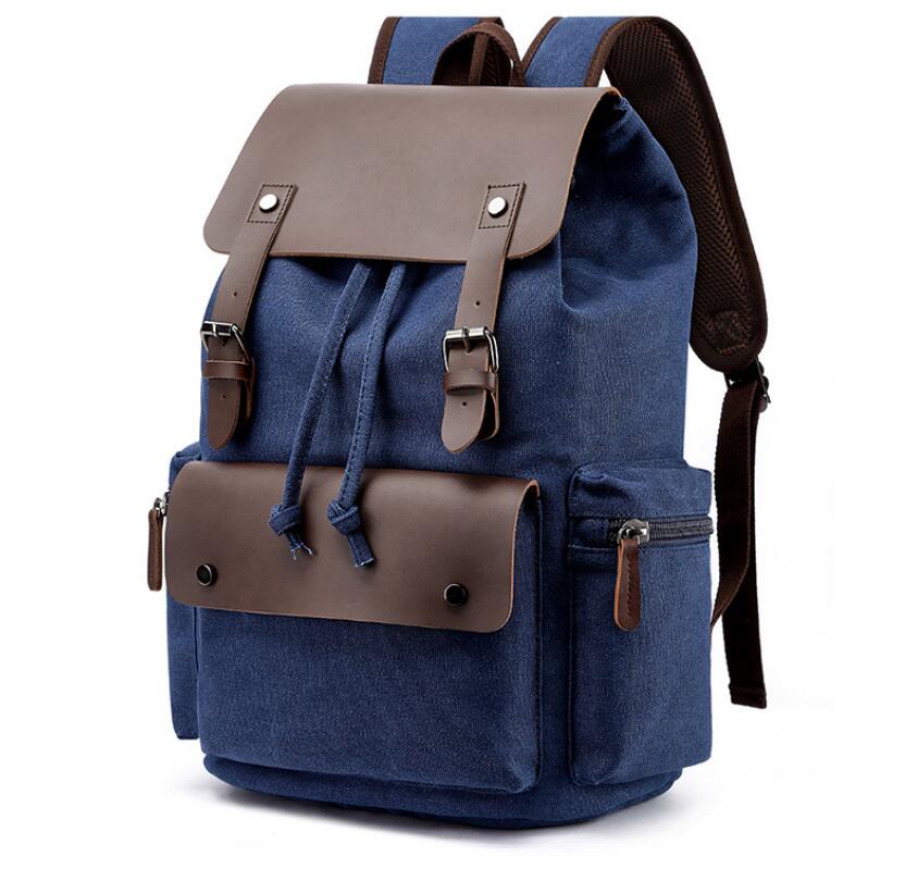 Men's Canvas Backpack Laptop Bag Splicing Satchel Vertical Elaborate Large Capacity