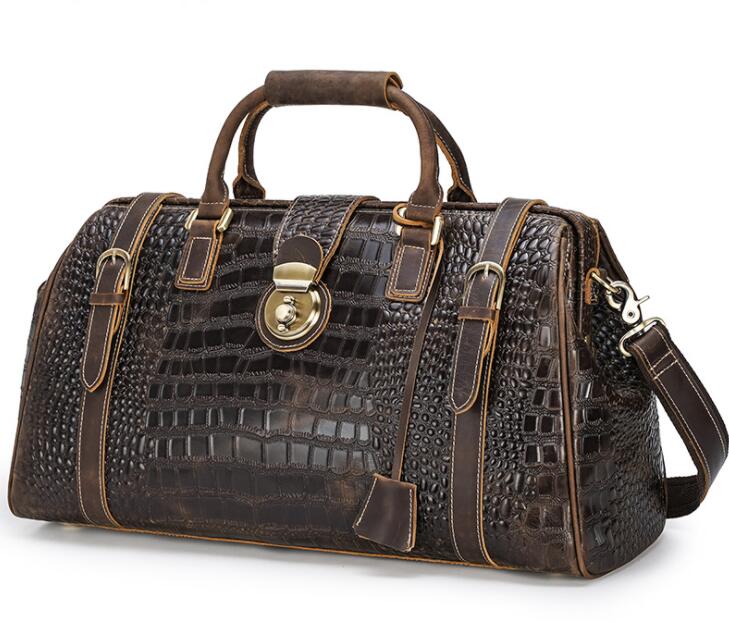 Men's Crocodile Genuine Leather Duffel Bag Laptop Large-capacity Lockable Shoulder Strap Travel