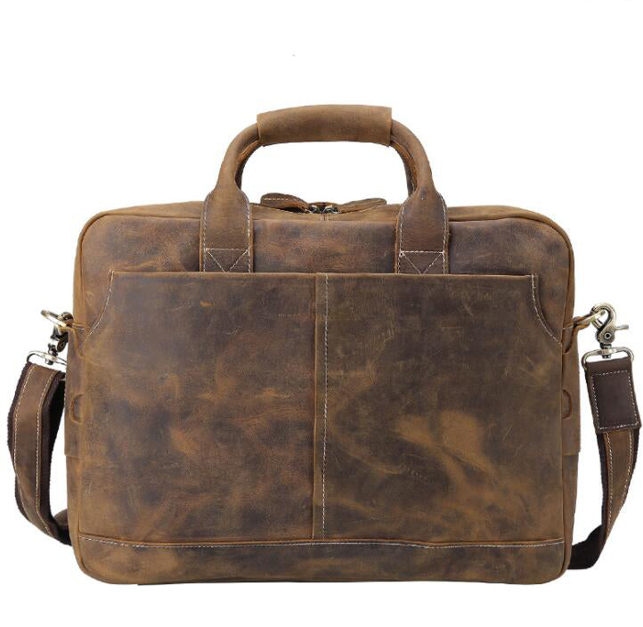 Men's Genuine Leather Briefcase Laptop Bag Retro Large-capacity Zipper