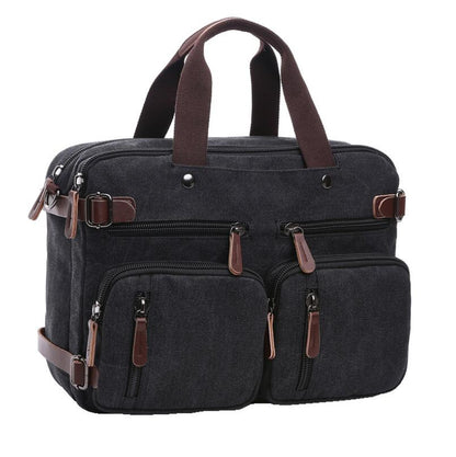 Men's Canvas Briefcase Dual Backpack Laptop Bag Horizontal Triple Multiplication