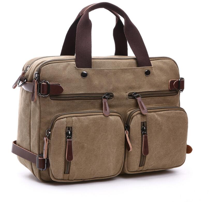 Men's Canvas Briefcase Dual Backpack Laptop Bag Horizontal Triple Multiplication