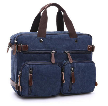 Men's Canvas Briefcase Dual Backpack Laptop Bag Horizontal Triple Multiplication