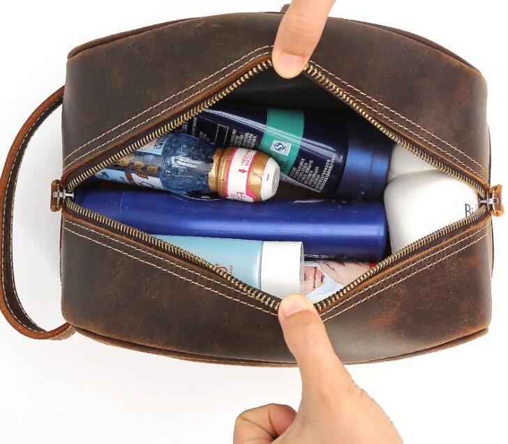 Men's Genuine Leather Cosmetic Toiletry Bag Phone Large Capacity Travel Retro