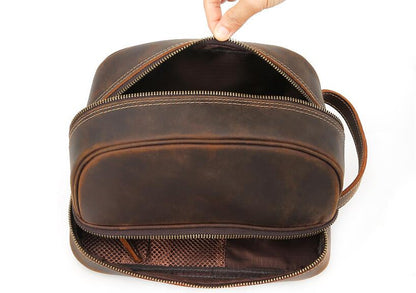 Men's Genuine Leather Cosmetic Toiletry Bag Phone Large Capacity Travel Retro