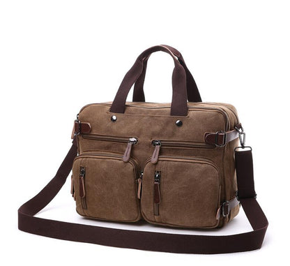 Men's Canvas Briefcase Dual Backpack Laptop Bag Horizontal Triple Multiplication